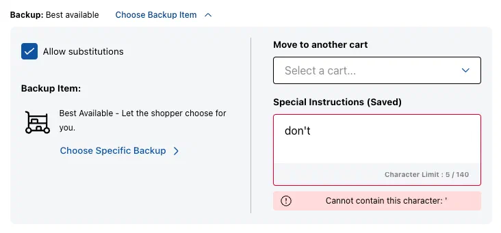 Limited substitution controls with limited text entry