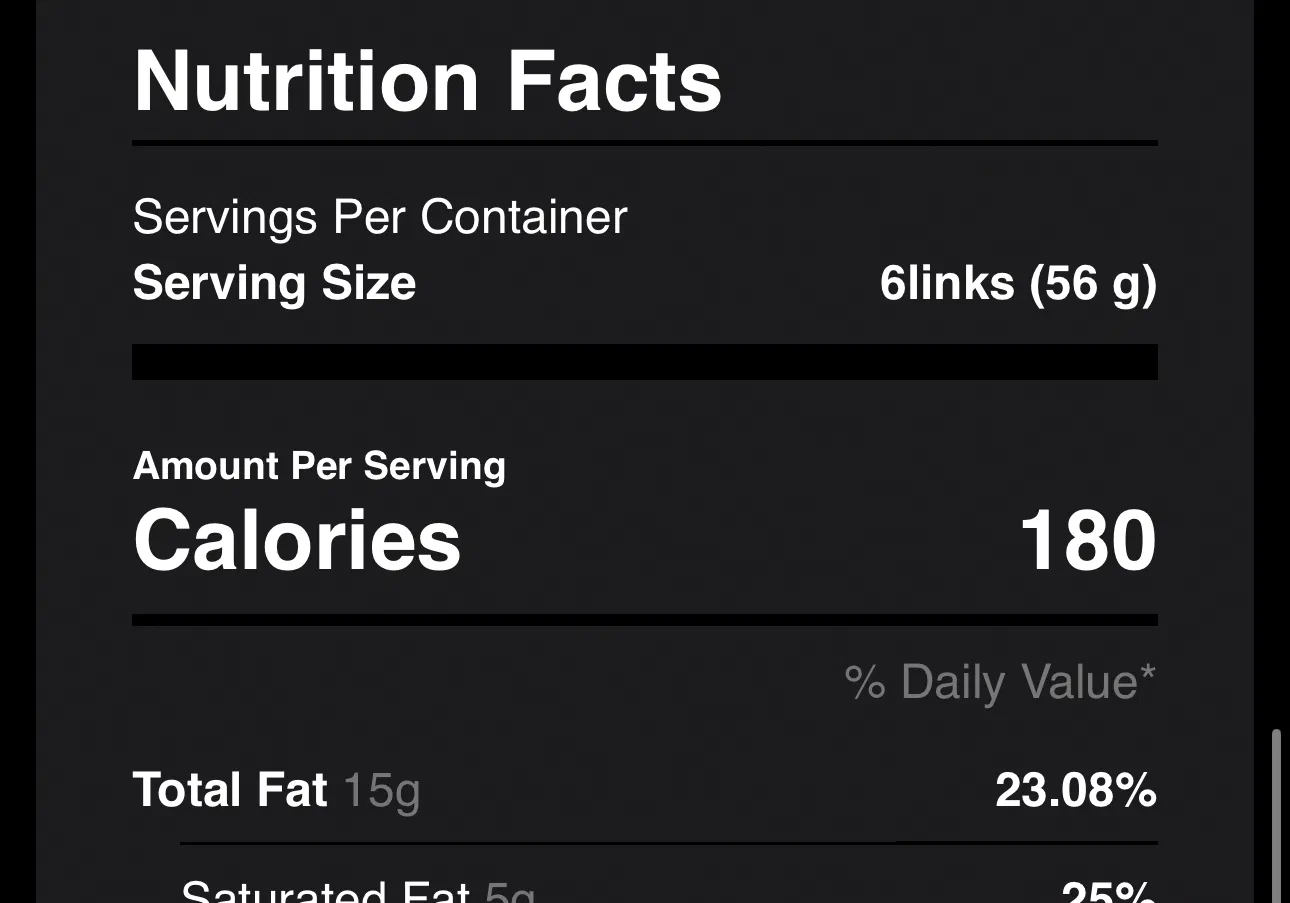 Nutritional Facts on mobile