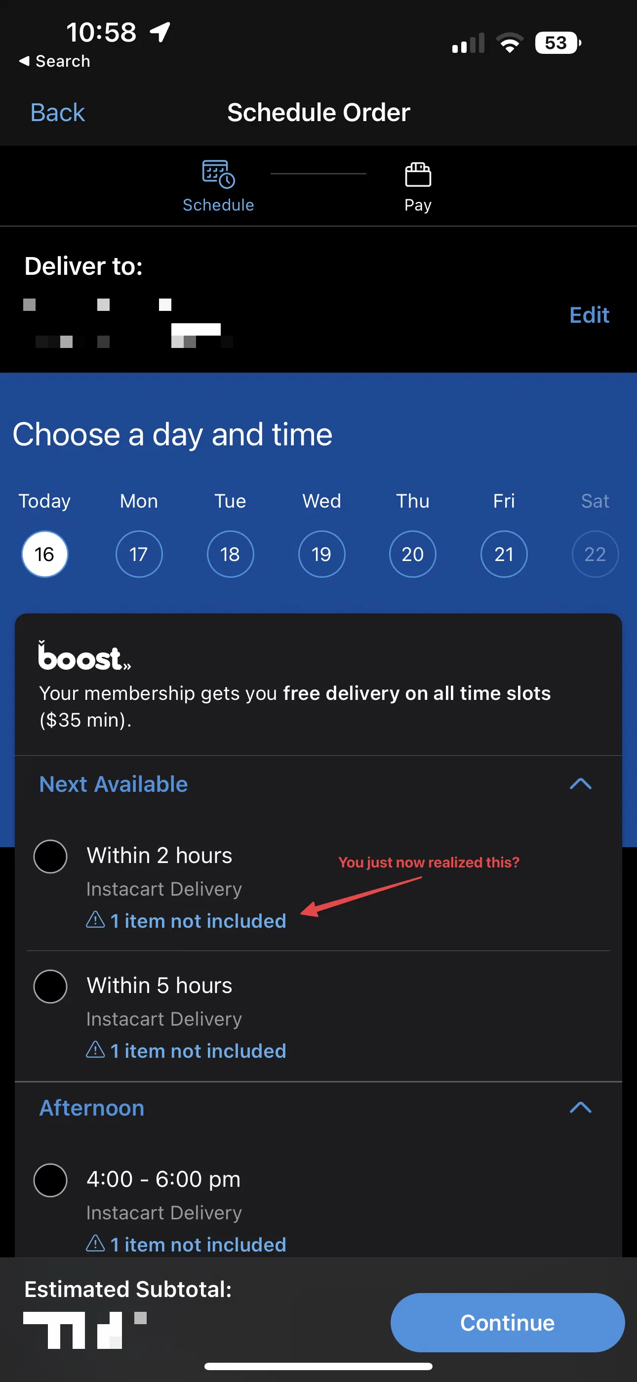 Certain delivery times have items not available