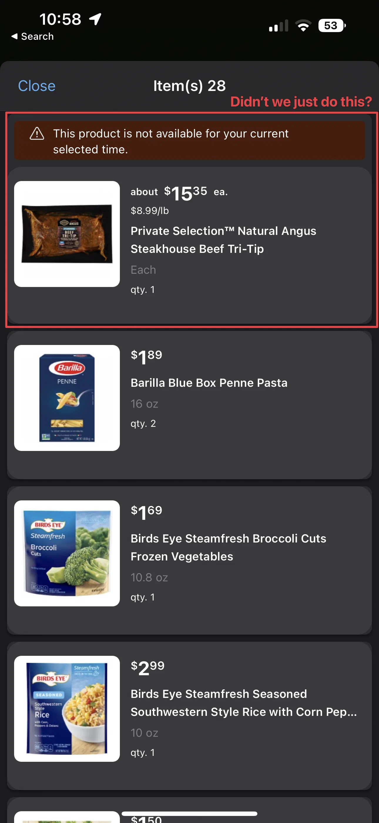 Different/new items are now not available